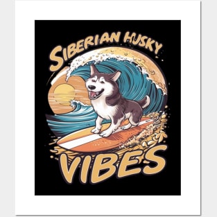 Wave Rider: Siberian Husky Dog Catching Waves Posters and Art